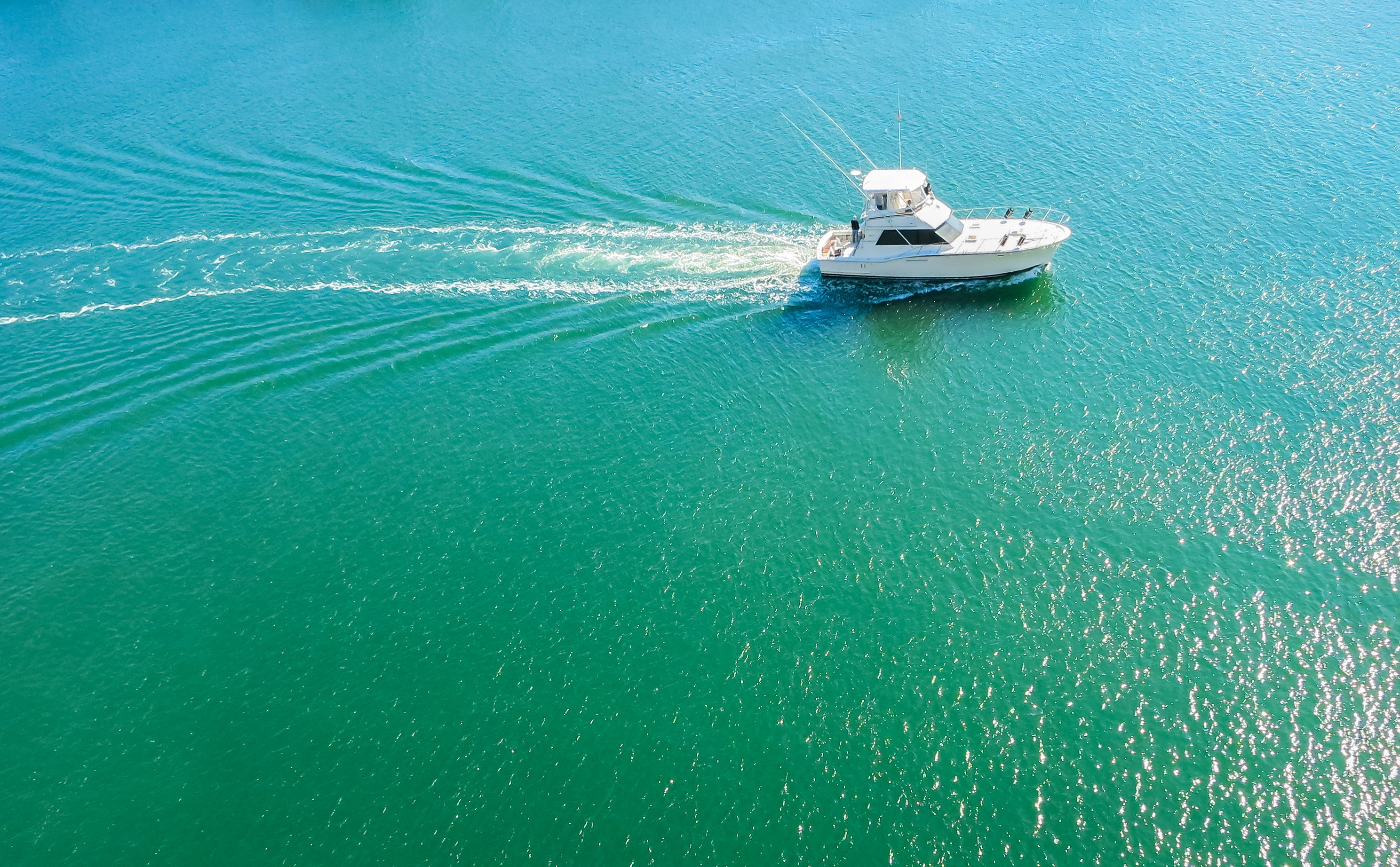 an aerial photo of a cabin cruiser fishing boat.